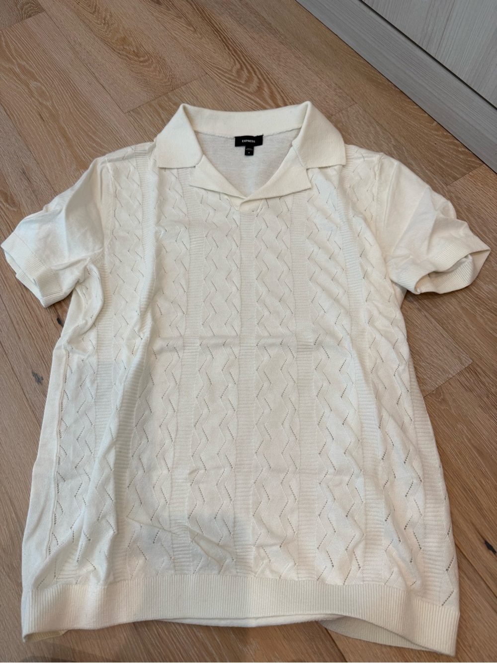 Express Men's Cream Open-Collar Knit Polo